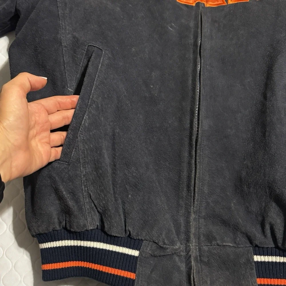 NFL Chicago Bears Mens Sz L Suede Bomber Jacket SUPERBOWL Vtg 90s Patch Blue - Picture 6 of 14